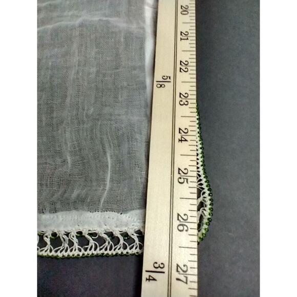 VINTAGE White Muslin Scarf with Green Beaded Trim – Handkerchief 26.5” x 26.5” - Picture 10 of 11